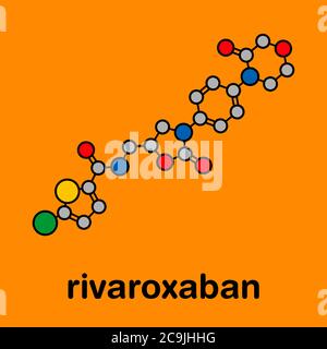 Rivaroxaban Antikoagulans (Direct Factor Xa Inhibitor) Molekül. Stilisierte Skelettformel (chemische Struktur). Atome werden als farbcodiertes c dargestellt Stockfoto