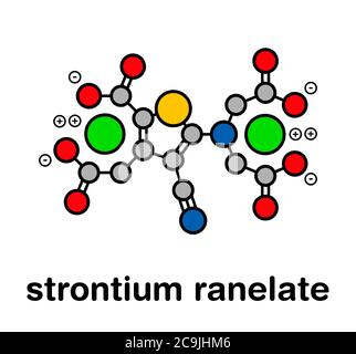 Strontium ranelat Osteoporose-Medikamentenmolekül. Stilisierte Skelettformel (chemische Struktur). Atome werden als farbcodierte Kreise mit dickem Schwarz dargestellt Stockfoto