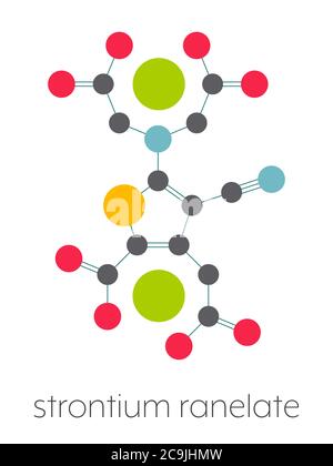 Strontium ranelat Osteoporose-Medikamentenmolekül. Stilisierte Skelettformel (chemische Struktur). Atome werden als farbcodierte Kreise dargestellt, die durch thi verbunden sind Stockfoto