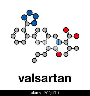 Valsartan Bluthochdruck (Hypertonie) Medikament. Inhibitor des Angiotensin-II-Rezeptors. Stilisierte Skelettformel (chemische Struktur). Atome sind sho Stockfoto