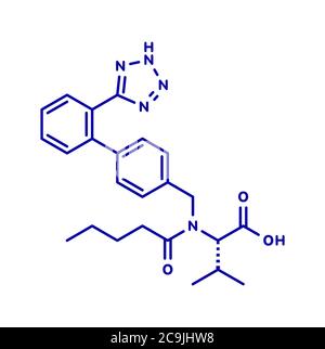 Valsartan Bluthochdruck (Hypertonie) Medikament. Inhibitor des Angiotensin-II-Rezeptors. Blaue Skelettformel auf weißem Hintergrund. Stockfoto