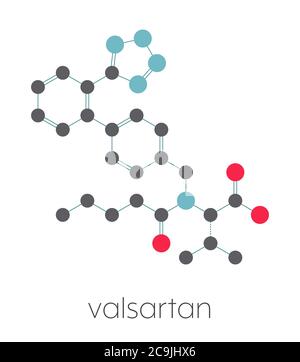 Valsartan Bluthochdruck (Hypertonie) Medikament. Inhibitor des Angiotensin-II-Rezeptors. Stilisierte Skelettformel (chemische Struktur). Atome sind sho Stockfoto