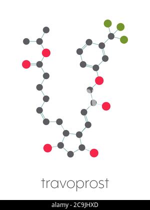 Travoprost Augenkrankheit Drogenmolekül. Wird bei der Behandlung von Glaukom und okulärer Hypertonie verwendet. Stilisierte Skelettformel (chemische Struktur). Atome sind Stockfoto