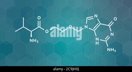 Valaciclovir (Valacyclovir) Herpesinfektionsdrogenmolekül. Weiße Skelettformel auf dunklem blauem Gradienten-Hintergrund mit sechseckigem Muster. Stockfoto