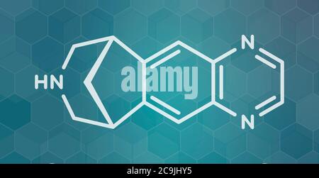 Varenicline Raucherentwöhnung Drogenmolekül. Weiße Skelettformel auf dunklem blauem Gradienten-Hintergrund mit sechseckigem Muster. Stockfoto