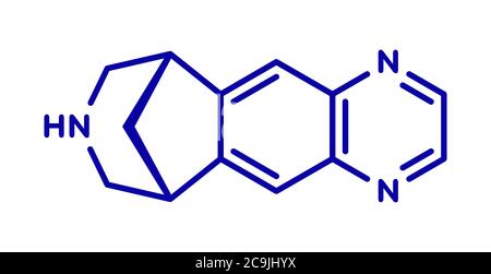 Varenicline Raucherentwöhnung Drogenmolekül. Blaue Skelettformel auf weißem Hintergrund. Stockfoto