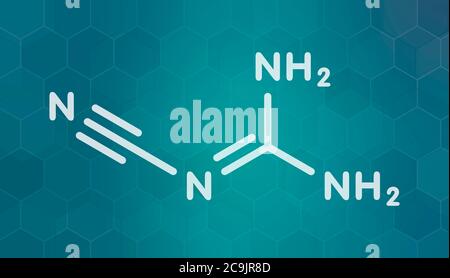 Dicyandiamid (2-Cyanoguanidin, DCD) Molekül. Wird als Dünger und in der chemischen Synthese verwendet. Weiße Skelettformel auf dunklem blauem Gradienten-Hintergrund Stockfoto