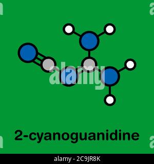 Dicyandiamid (2-Cyanoguanidin, DCD) Molekül. Wird als Dünger und in der chemischen Synthese verwendet. Stilisierte Skelettformel (chemische Struktur). Atome ar Stockfoto