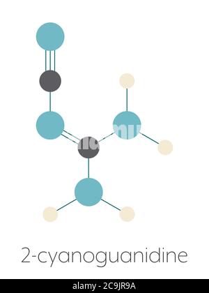 Dicyandiamid (2-Cyanoguanidin, DCD) Molekül. Wird als Dünger und in der chemischen Synthese verwendet. Stilisierte Skelettformel (chemische Struktur). Atome ar Stockfoto