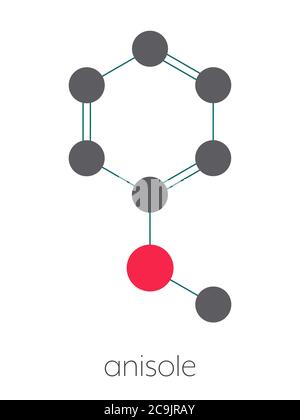 Anisole chemisches Molekül. Wird in Duftstoffen und als chemische Vorstufe verwendet. Stilisierte Skelettformel (chemische Struktur). Atome werden als Farbcode dargestellt Stockfoto