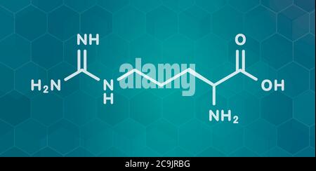 Arginin (L-Arginin, Arg, R) Aminosäuremolekül. Weiße Skelettformel auf dunklem blauem Gradienten-Hintergrund mit sechseckigem Muster. Stockfoto