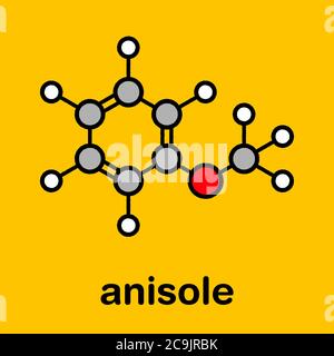 Anisole chemisches Molekül. Wird in Duftstoffen und als chemische Vorstufe verwendet. Stilisierte Skelettformel (chemische Struktur). Atome werden als Farbcode dargestellt Stockfoto