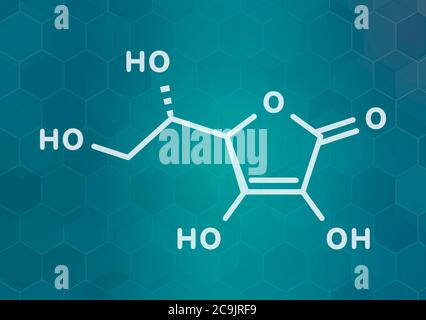 Vitamin C (Ascorbinsäure, Ascorbat) Molekül. Weiße Skelettformel auf dunklem blauem Gradienten-Hintergrund mit sechseckigem Muster. Stockfoto