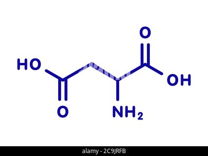 Asparaginsäure (L-Asparaginsäure, ASP, D) Aminosäuremolekül. Blaue Skelettformel auf weißem Hintergrund. Stockfoto