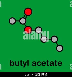 Butylacetat-Molekül. Wird als synthetisches Fruchtaroma und als organisches Lösungsmittel verwendet. Stilisierte Skelettformel (chemische Struktur). Atome werden als dargestellt Stockfoto