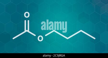 Butylacetat-Molekül. Wird als synthetisches Fruchtaroma und als organisches Lösungsmittel verwendet. Weiße Skelettformel auf dunklem blauem Gradienten-Hintergrund mit hexago Stockfoto