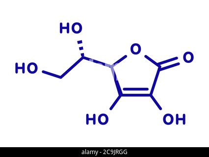 Vitamin C (Ascorbinsäure, Ascorbat) Molekül. Blaue Skelettformel auf weißem Hintergrund. Stockfoto