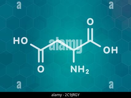 Asparaginsäure (L-Asparaginsäure, ASP, D) Aminosäuremolekül. Weiße Skelettformel auf dunklem blauem Gradienten-Hintergrund mit sechseckigem Muster. Stockfoto