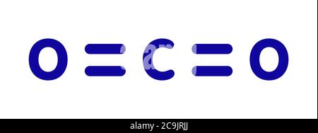 Kohlendioxid (CO2)-Molekül. Treibhausgase. Blaue Skelettformel auf weißem Hintergrund. Stockfoto