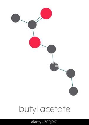 Butylacetat-Molekül. Wird als synthetisches Fruchtaroma und als organisches Lösungsmittel verwendet. Stilisierte Skelettformel (chemische Struktur). Atome werden als dargestellt Stockfoto