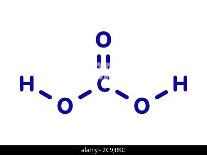 Kohlensäure-Molekül. Entsteht, wenn Kohlendioxid in Wasser gelöst wird (kohlensäurehaltiges Wasser). Blaue Skelettformel auf weißem Hintergrund. Stockfoto