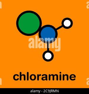 Chloramin (Monochloramin) Desinfektionsmittel Molekül. Zersetzt sich leicht, was zur Bildung von Hypochlorsäure führt. Stilisierte Skelettformel (chemische s Stockfoto