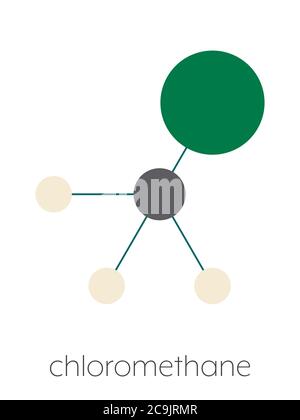 Chlormethan (Methylchlorid)-Molekül. Stilisierte Skelettformel (chemische Struktur). Atome werden als farbcodierte Kreise dargestellt, die durch dünnen Bon verbunden sind Stockfoto