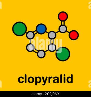 Clopyralid Herbizid Molekül. Stilisierte Skelettformel (chemische Struktur). Atome werden als farbcodierte Kreise mit dicken schwarzen Umrissen und bo dargestellt Stockfoto