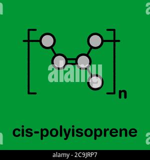 Naturkautschuk (cis-1,4-Polyisopren), chemische Struktur. Stilisierte Skelettformel: Atome werden als farbcodierte Kreise mit dicken schwarzen Umrissen dargestellt Stockfoto