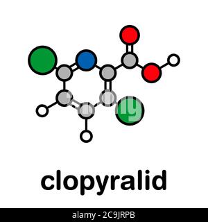 Clopyralid Herbizid Molekül. Stilisierte Skelettformel (chemische Struktur). Atome werden als farbcodierte Kreise mit dicken schwarzen Umrissen und bo dargestellt Stockfoto