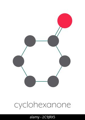 Cyclohexanon organisches Lösungsmittelmolekül. Vorläufer von Nylon. Stilisierte Skelettformel (chemische Struktur). Atome werden als farbcodierte Kreise angezeigt Stockfoto