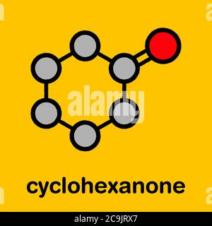 Cyclohexanon organisches Lösungsmittelmolekül. Vorläufer von Nylon. Stilisierte Skelettformel (chemische Struktur). Atome werden als farbcodierte Kreise mit dargestellt Stockfoto