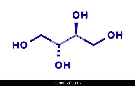Erythritol nicht-kalorische Süßstoff-Molekül. Blaue Skelettformel auf weißem Hintergrund. Stockfoto