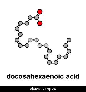 Docosahexaensäure (DHA, cervonic Säure) Molekül. Mehrfach ungesättigte Omega-3-Fettsäure, die in Fischöl. Stilisierte Skelett Formel (chemische Struct Stockfoto