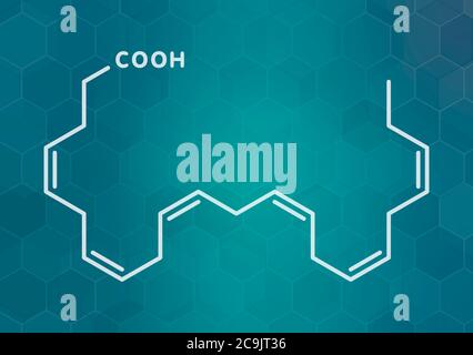 Docosahexaensäure (DHA, cervonic Säure) Molekül. Mehrfach ungesättigte Omega-3-Fettsäure, die in Fischöl. Weiß Skelett Formel auf dunklen Blaugrün gradie Stockfoto
