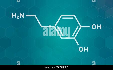 Dopamin Neurotransmitter Molekül. Auch als Medikament verwendet. Weiße Skelettformel auf dunklem blauem Gradienten-Hintergrund mit sechseckigem Muster. Stockfoto