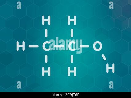 Alkohol (Ethanol, Ethylalkohol) Molekül, chemische Struktur. Weiße Skelettformel auf dunklem blauem Gradienten-Hintergrund mit sechseckigem Muster. Stockfoto