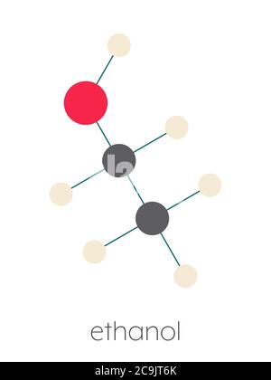 Alkohol (Ethanol, Ethylalkohol) Molekül, chemische Struktur. Stilisierte Skelettformel (chemische Struktur). Atome werden als farbcodierte Kreise dargestellt Stockfoto