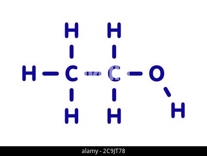 Alkohol (Ethanol, Ethylalkohol) Molekül, chemische Struktur. Blaue Skelettformel auf weißem Hintergrund. Stockfoto