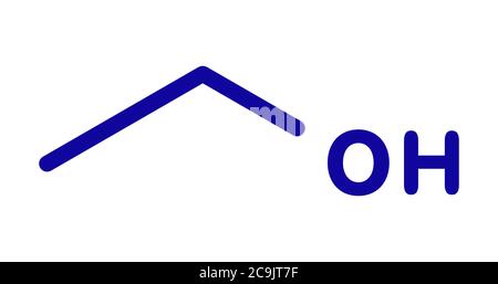 Alkohol (Ethanol, Ethylalkohol) Molekül, chemische Struktur. Blaue Skelettformel auf weißem Hintergrund. Stockfoto