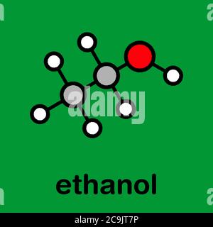 Alkohol (Ethanol, Ethylalkohol) Molekül, chemische Struktur. Stilisierte Skelettformel (chemische Struktur). Atome werden als farbcodierte Kreise dargestellt Stockfoto