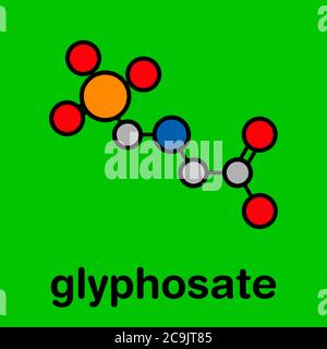 Glyphosat-Herbizid-Molekül. Pflanzen, die gegen Glyphosat resistent sind (gentechnisch veränderte Organismen, GVO), wurden durch Gentechnik hergestellt. Stilisiert Stockfoto