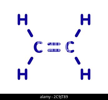 Ethylen (Ethylen)-Molekül. Verwendet bei der Herstellung von Polyethylen, sondern auch wichtig als Pflanzenhormon. Blaue Skelettformel auf weißem Hintergrund. Stockfoto