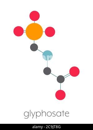 Glyphosat-Herbizid-Molekül. Pflanzen, die gegen Glyphosat resistent sind (gentechnisch veränderte Organismen, GVO), wurden durch Gentechnik hergestellt. Stilisiert Stockfoto