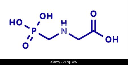 Glyphosat-Herbizid-Molekül. Pflanzen, die gegen Glyphosat resistent sind (gentechnisch veränderte Organismen, GVO), wurden durch Gentechnik hergestellt. Blauer ske Stockfoto