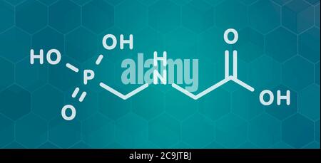 Glyphosat-Herbizid-Molekül. Pflanzen, die gegen Glyphosat resistent sind (gentechnisch veränderte Organismen, GVO), wurden durch Gentechnik hergestellt. Weiß sk Stockfoto