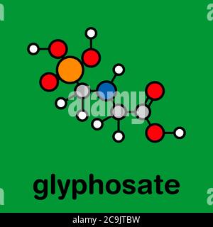 Glyphosat-Herbizid-Molekül. Pflanzen, die gegen Glyphosat resistent sind (gentechnisch veränderte Organismen, GVO), wurden durch Gentechnik hergestellt. Stilisiert Stockfoto