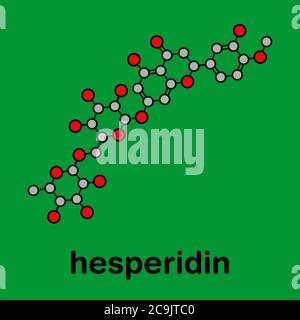 Hesperidin Zitrus Flavanon Molekül. Stilisierte Skelettformel (chemische Struktur). Atome werden als farbcodierte Kreise mit dicken schwarzen Umrissen dargestellt Stockfoto