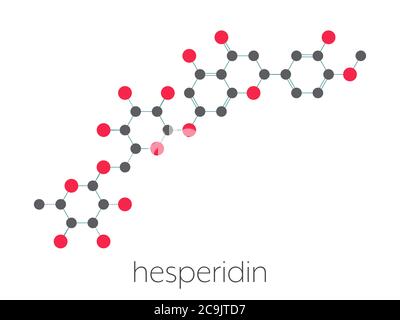 Hesperidin Zitrus Flavanon Molekül. Stilisierte Skelettformel (chemische Struktur). Atome werden als farbcodierte Kreise dargestellt, die durch dünne Bindungen verbunden sind, Stockfoto
