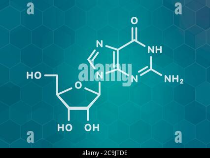 Guanosin-Purin-Nukleosid-Molekül. Wichtiger Bestandteil von GTP, GDP, cGMP, GMP und RNA. Weiße Skelettformel auf dunklem blauem Gradienten-Hintergrund mit Stockfoto